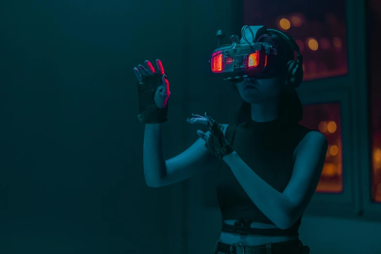 a woman wearing virtual reality glasses in a dark room, cyberpunk art, unsplash contest winner, clap. scifi, beeple style, dystopian scifi outfit, cyberpunk marketplace