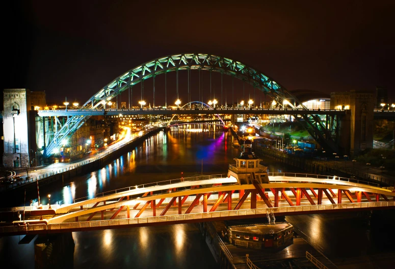 a bridge over a body of water at night, by John Murdoch, pexels contest winner, art nouveau, yorkshire, panoramic, brown, port