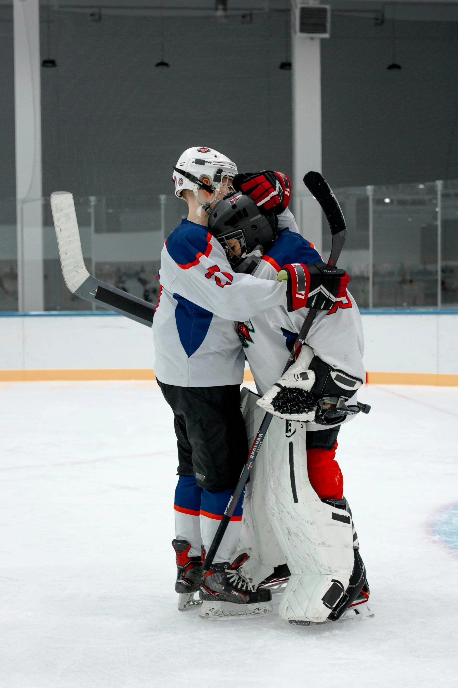 a couple of men standing next to each other on top of an ice rink, hugging each other, full ice hockey goalie gear, azamat khairov, slide show