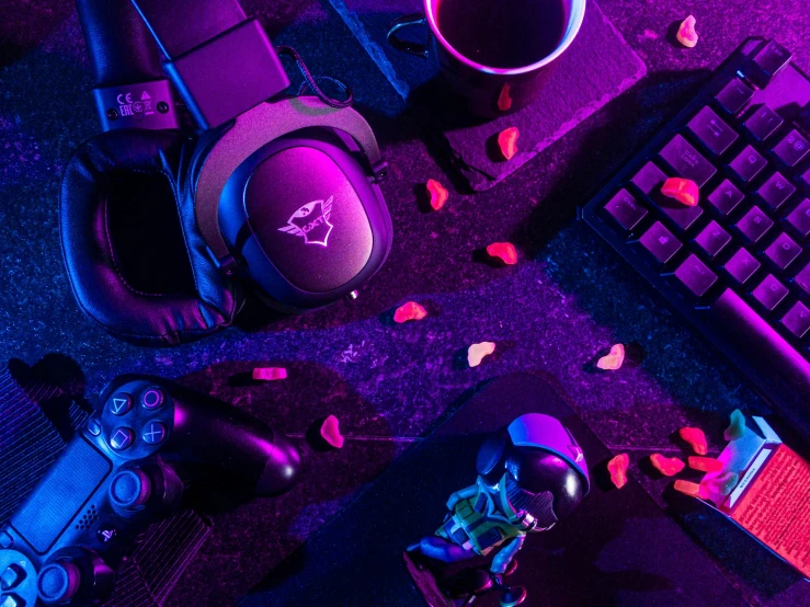 a close up of a keyboard and a mouse, a still life, by Julia Pishtar, trending on pexels, aestheticism, wearing gaming headset, purple shattered paint, game icons, bisexual lighting