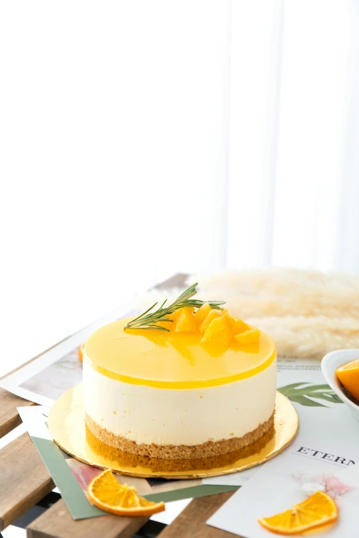 a cake sitting on top of a wooden table, mango, sea of parfait, classic beauty, full product shot