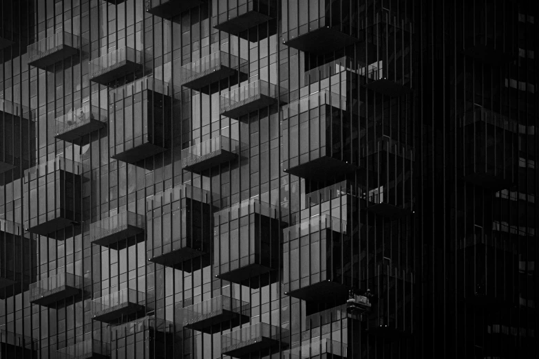 a black and white photo of a very tall building, by Patrick Pietropoli, pexels contest winner, brutalism, balconies, lit. 'the cube', dark but detailed digital art, morning detail