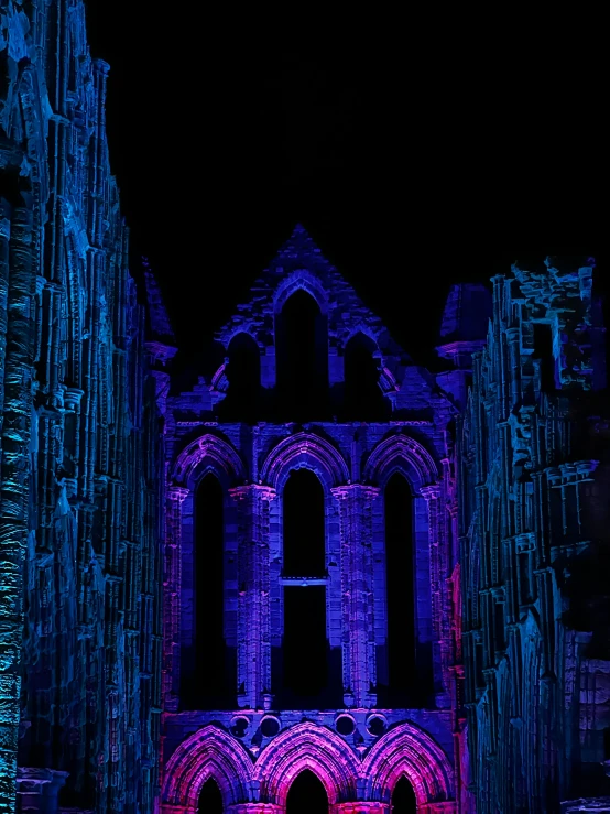 a couple of people that are standing in front of a building, an album cover, by Ben Thompson, pexels contest winner, romanesque, blue and purple lighting, inside a ruined abbey, intricate illuminated lines, theatrical lighting