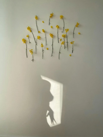 a person standing in front of a wall with flowers on it, yellow light, shadow art, in white room, 2019 trending photo
