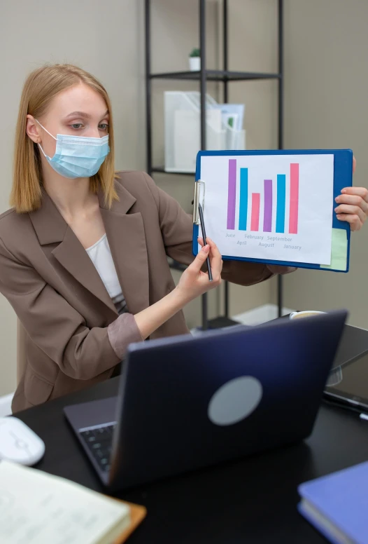 a couple of people sitting at a table with laptops, a picture, shutterstock, renaissance, medical mask, graphs, woman holding sign, high-quality photo