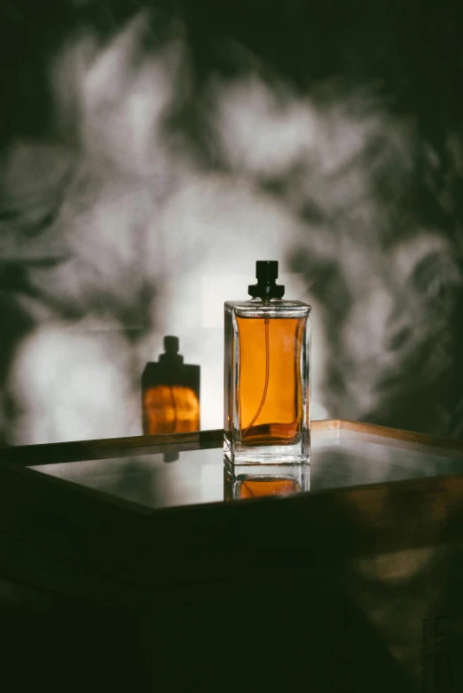 a bottle of perfume sitting on top of a table, by Niko Henrichon, pexels contest winner, renaissance, rectangle, standing in a dimly lit room, thumbnail, orange mist