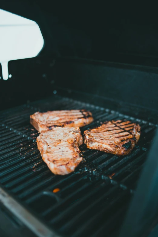 two steaks are cooking on a grill, by Daniel Lieske, pexels contest winner, 3 - piece, low detail, shade, carson ellis