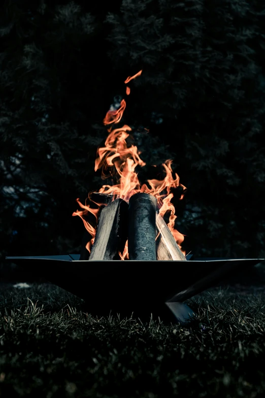 a fire pit sitting on top of a lush green field, an album cover, unsplash contest winner, renaissance, on black background, metal works, profile picture, dark. no text