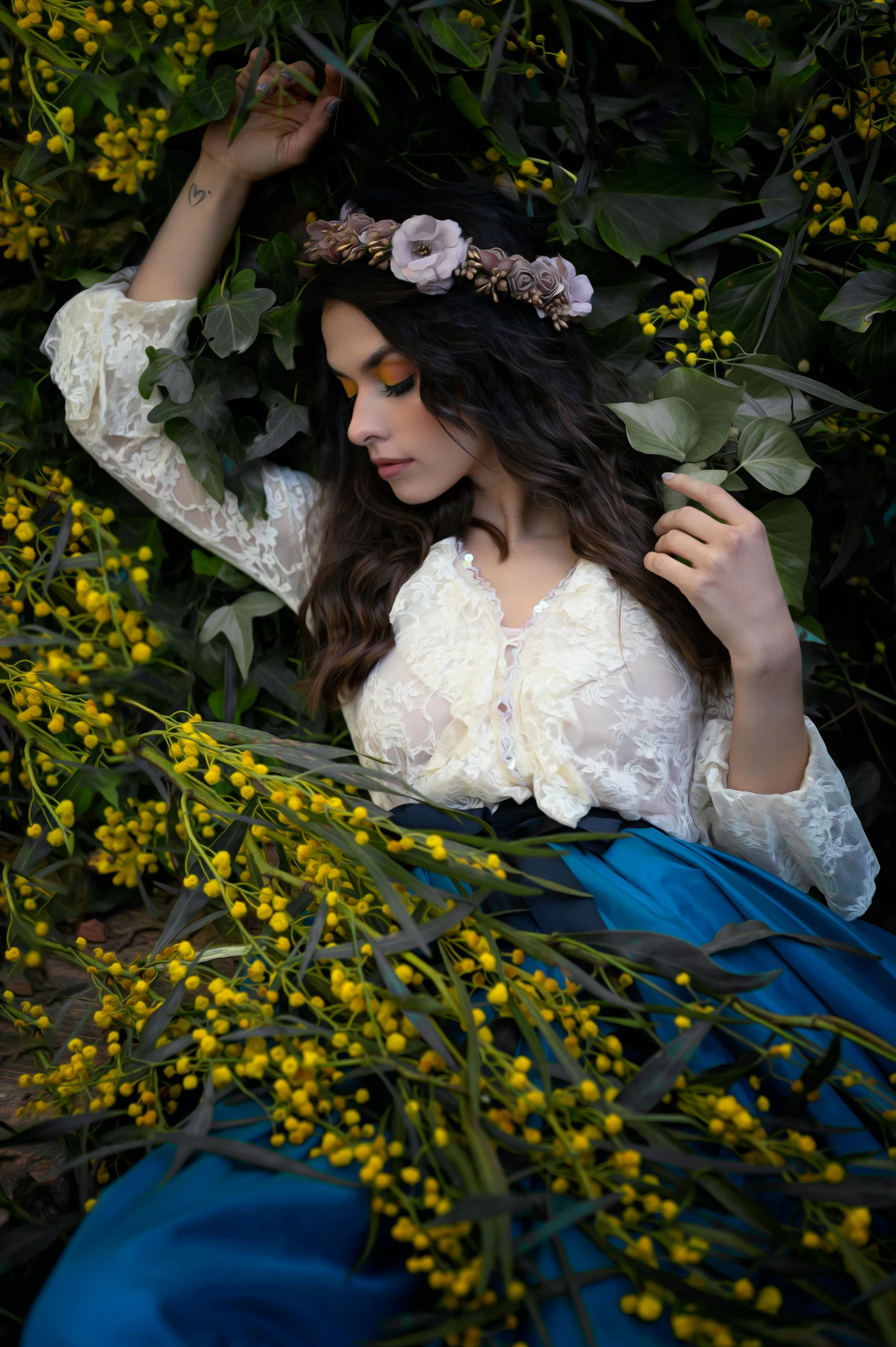 a woman sitting in a field of yellow flowers, inspired by Elsa Bleda, renaissance, lacey accessories, lace, in a tree, fair olive skin