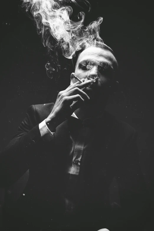 a man in a suit smoking a cigarette, a black and white photo, by Thomas Wijck, album art young thug, large)}], untitled, abstract