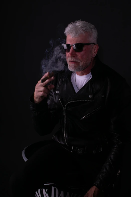 a man in a leather jacket smoking a cigarette, inspired by Graham Forsythe, unsplash, photorealism, white hair and white beard, alternate album cover, tech noir, highly upvoted
