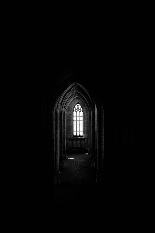 a black and white photo of a dark hallway, unsplash contest winner, gothic art, church window, ffffound, medieval photograph, lonely atmosphere