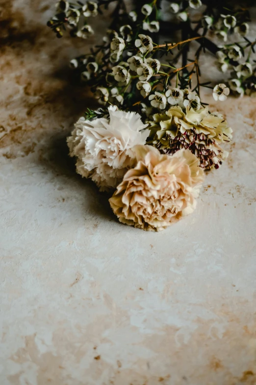 a bunch of flowers sitting on top of a table, by Alison Geissler, trending on unsplash, baroque, rust and plaster materials, soft surface texture, carnation, detailed product image