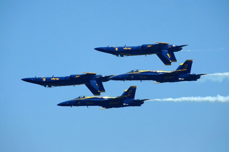 a group of fighter jets flying through a blue sky, by Winona Nelson, pexels contest winner, dressed in blue, louisiana, avatar image, concert