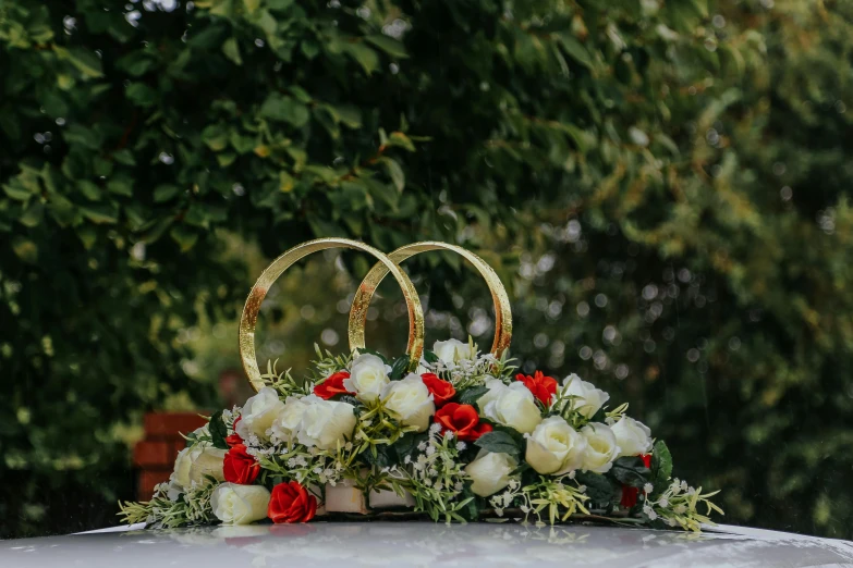 a bunch of flowers sitting on top of a car, gold rings, red and white, on a table, white sweeping arches