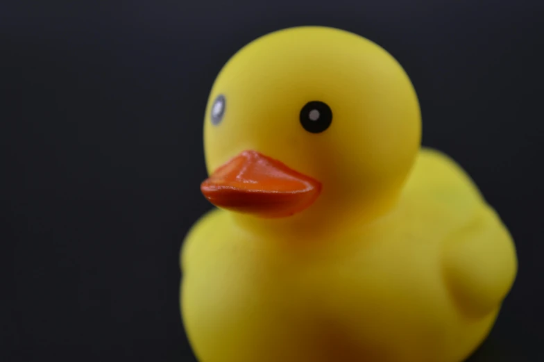 a close up of a yellow rubber duck, pexels, photorealism, standing with a black background, blurred photo, upscaled to high resolution, rectangle