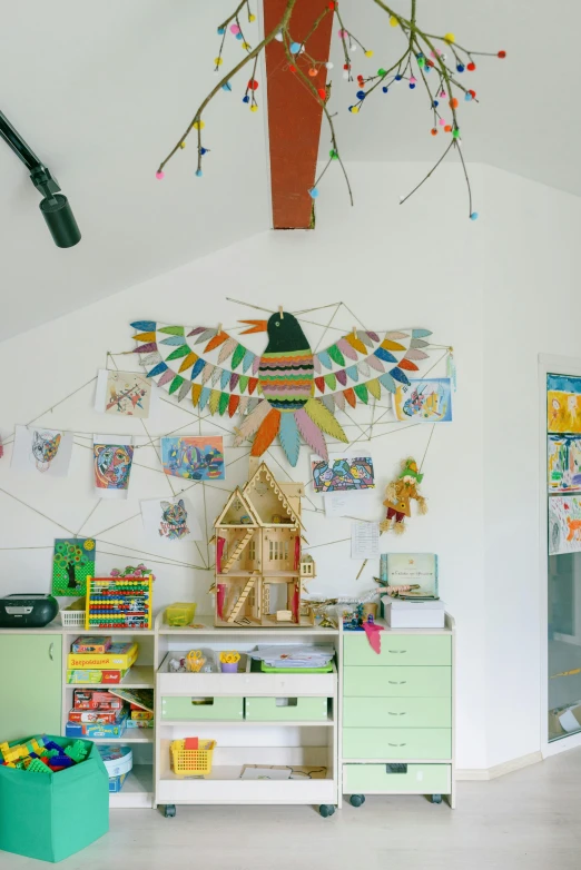 a child's playroom with a tree hanging from the ceiling, a child's drawing, parrot, white wall coloured workshop, profile image, wingspan