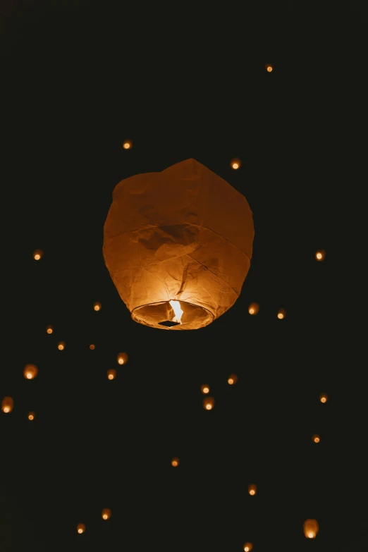 a sky lantern flying through the night sky, an album cover, pexels contest winner, light and space, tea drinking and paper lanterns, light tan, profile image, floats in space