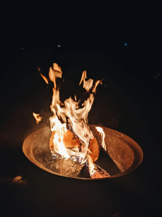 a close up of a plate of food on a fire, at night time, profile image