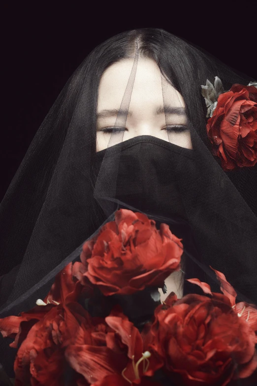 a woman in a black veil with red roses, an album cover, by Ni Zan, brooding, seen from below, joon ahn, dark. no text