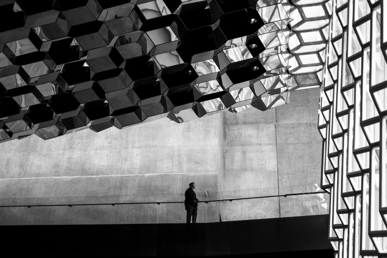 a black and white photo of a person standing in a building, by Matthias Weischer, unsplash contest winner, light and space, honeycomb structure, reflective objects, polyhedron, silhouette of man