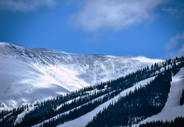 a group of people riding skis down a snow covered slope, large rocky mountain, hill with trees, big sky, unsplash photography