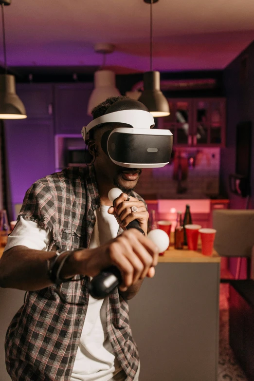 a man using a virtual reality device in a living room, dive bar with a karaoke machine, sony ar 7 ii, thumbnail, games 3 d