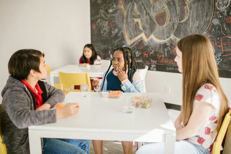 a group of people sitting around a white table, pexels contest winner, american barbizon school, background image, kids place, profile image