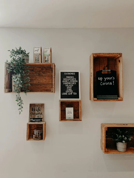 a couple of wooden shelves mounted to the side of a wall, trending on unsplash, lots of signs, in a wooden box. top down photo, vines on the walls, detailed product image