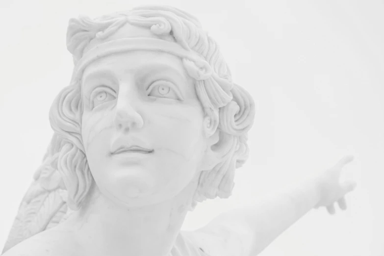 a black and white photo of a statue of an angel, a marble sculpture, inspired by Antonio Canova, pexels contest winner, right - half a cheerful face, white background : 3, white porcelain skin, aesthetic!