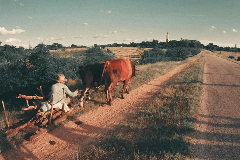 a man sitting on a bench next to a cow, by Emma Andijewska, pexels contest winner, sunfaded, ((((dirt brick road))))