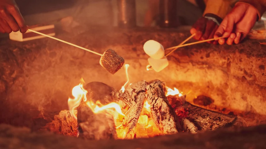 a group of people roasting marshmallows over an open fire, pexels contest winner, warm coloured, subtle details, food, lachlan bailey