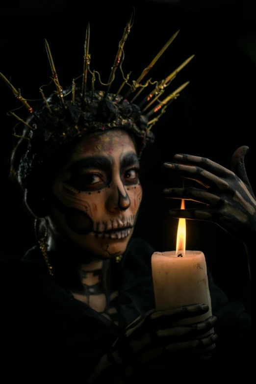 a woman dressed as a skeleton holding a candle, pexels contest winner, portrait of quetzalcoatl, dark complexion, hyperrealism”, promo image