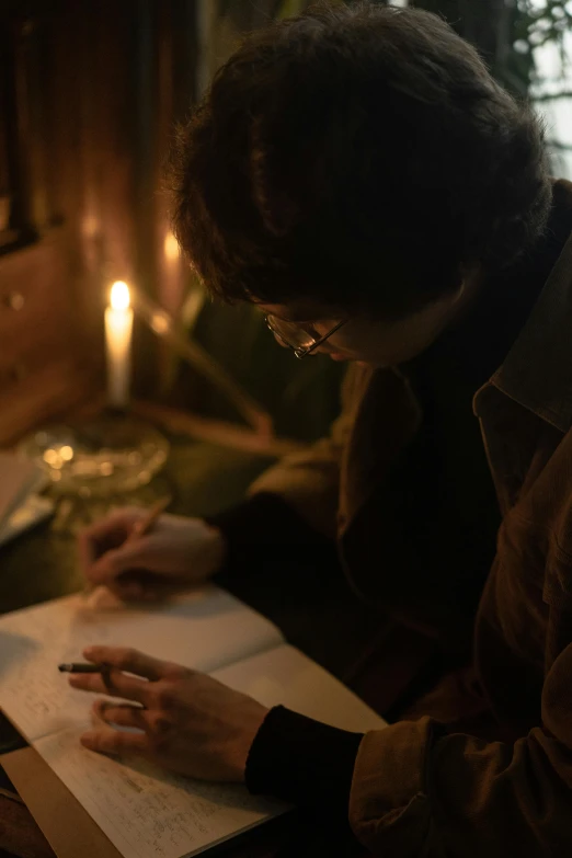 a person sitting at a table reading a book, candlelight, writing on a clipboard, wonbin lee, holding grimoire