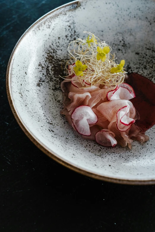 a close up of a plate of food on a table, a portrait, inspired by Nishida Shun'ei, unsplash, seafood in preserved in ice, pink, plate of borscht, square