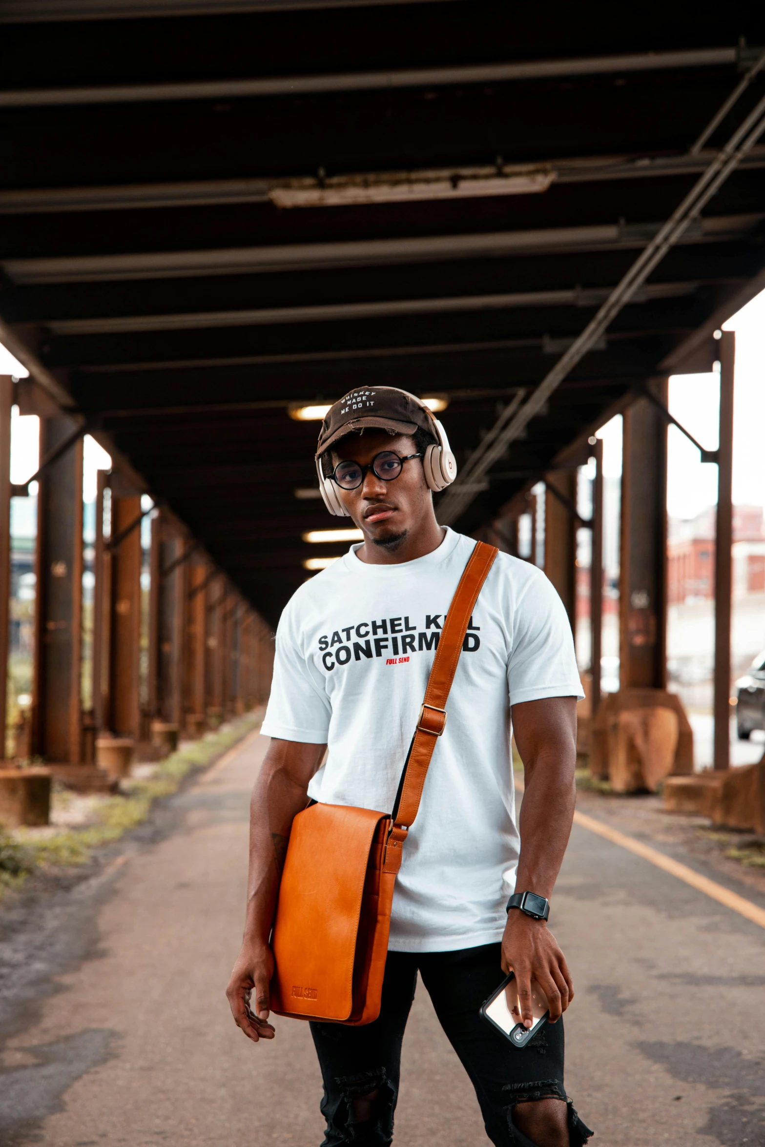 a man that is standing on a skateboard, a portrait, pexels contest winner, carrying a saddle bag, white and orange, jamal campbell, trending on r/techwearclothing