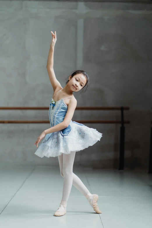 a young ballerina is posing for a picture, by Mei Qing, unsplash, arabesque, pastel blue, default pose neutral expression, 奈良美智, kids