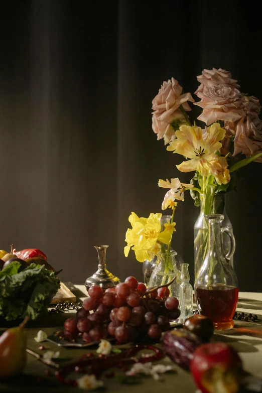 a table topped with vases filled with flowers and fruit, a still life, inspired by Jacopo Bassano, unsplash, renaissance, grape, award winning studio photo, award-winning crisp details”, garnish