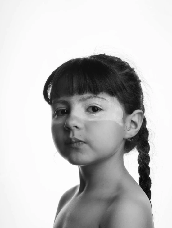 a black and white photo of a little girl, inspired by irakli nadar, hyperrealism, portrait of a young pocahontas, cute bandaid on nose!!, pixar portrait 8 k photo, full face and body portrait