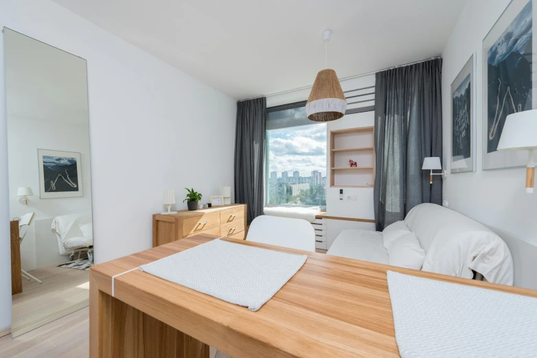 a living room filled with furniture and a wooden table, by Adam Marczyński, unsplash, skyline showing from the windows, zdzislaw belsinki, bedroom, white background