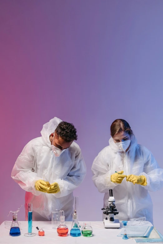 a couple of people that are standing in front of a table, pexels contest winner, process art, hazmat suits, plain background, white gloves, humans exploring