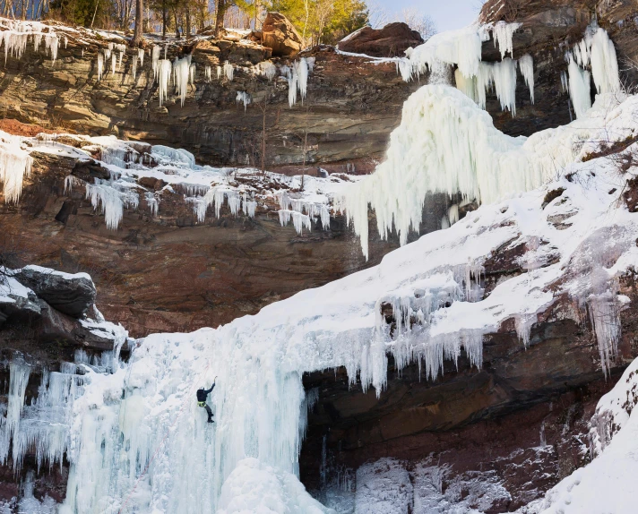 a group of people standing on top of a snow covered cliff, unsplash contest winner, hudson river school, dripping stalagtites, thumbnail, brown, minn