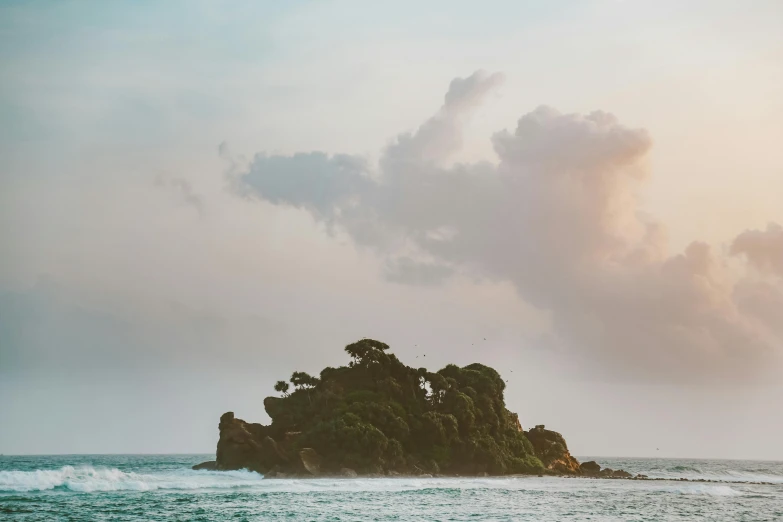 a small island in the middle of the ocean, by Carey Morris, unsplash contest winner, romanticism, sri lanka, kamakura scenery, light toned, floating island in the sky