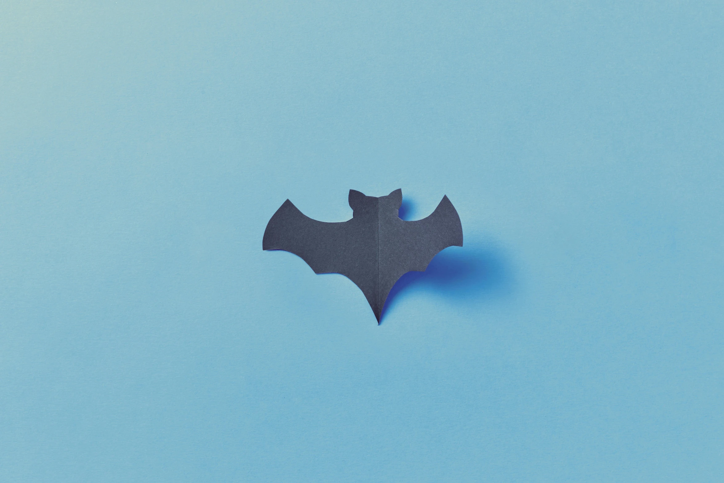 a black bat sitting on top of a blue surface, an album cover, trending on pexels, conceptual art, paper origami, super hero, gray, icon