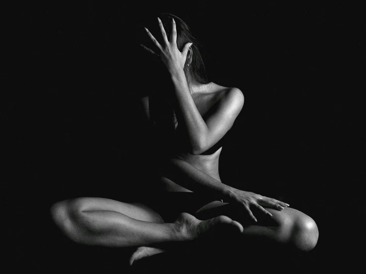 a black and white photo of a naked woman, an album cover, figurative art, anjali mudra, saatchi art, ffffound, emotional