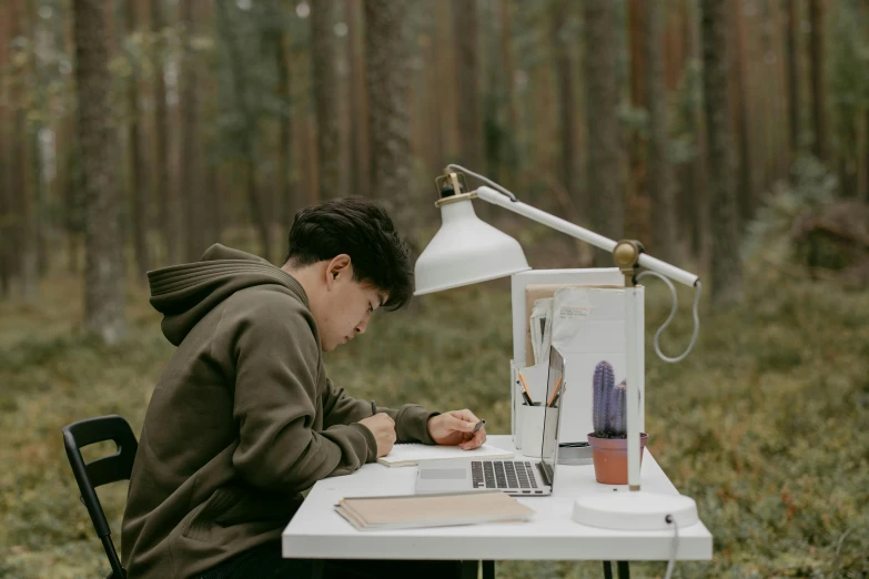 a person sitting at a table with a laptop, a drawing, pexels contest winner, near forest, asian male, background image, bent - over posture