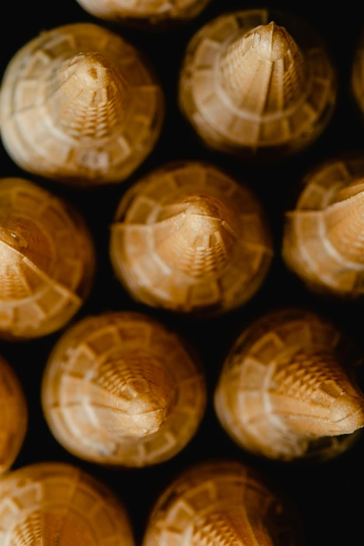 a bunch of shells sitting on top of a table, a macro photograph, by Adam Chmielowski, unsplash, surrealism, cone heads, intricate art deco pasta designs, bullet tracers, ocher details