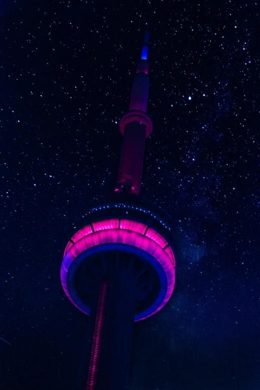 a tall tower sitting under a night sky filled with stars, an album cover, by Julia Pishtar, pexels contest winner, light and space, toronto city, pink neon lights, dome, boards of canada