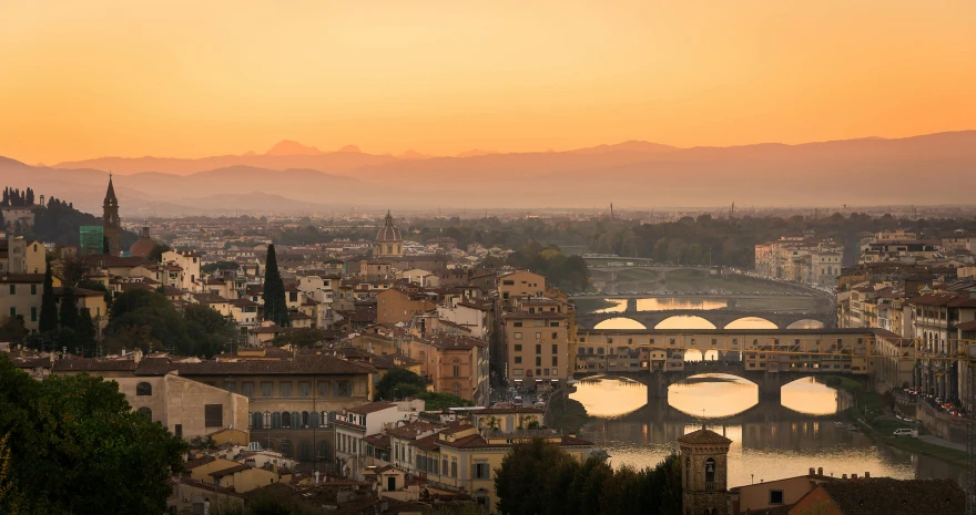 a view of a bridge over a river at sunset, by Daniel Lieske, pexels contest winner, renaissance, florence, skyline showing, natural morning light, fine art print