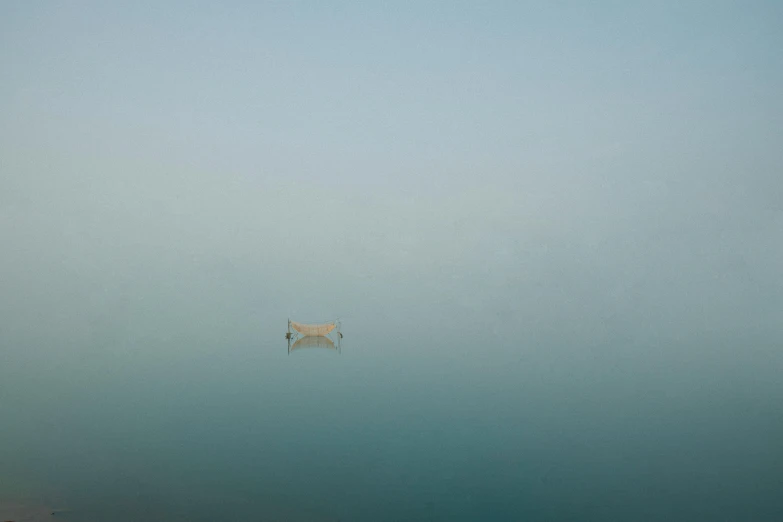 a boat floating on top of a body of water, a minimalist painting, inspired by Zhang Kechun, unsplash, subject: dog, in the early morning, minimalist photorealist, submerged to waste